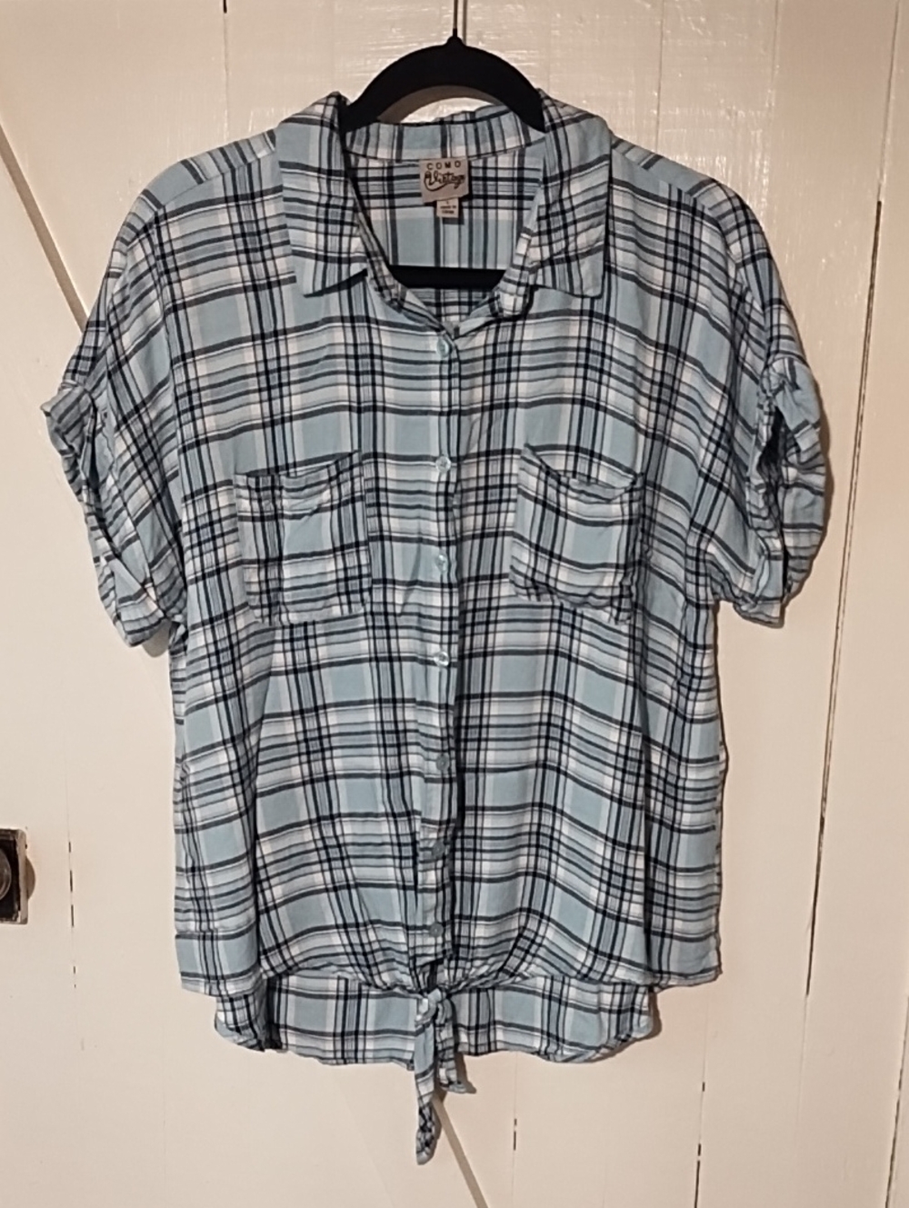 Como Vintage Blue Plaid Button-Front Tie Hem Shirt EUC Tie Bottom Large.